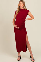 Burgundy Ruched Mock Neck Maternity Slit Midi Dress