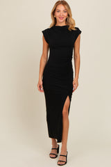 Black Ruched Mock Neck Slit Midi Dress