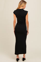 Black Ruched Mock Neck Slit Midi Dress