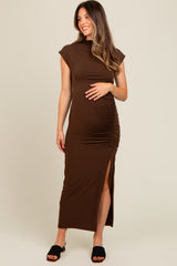 Mocha Ruched Mock Neck Maternity Slit Midi Dress