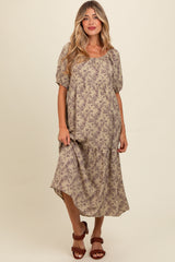 Mocha Floral Ruffle Hem Maternity Midi Dress