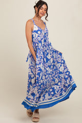 Blue Floral Cutout Back Tie Maxi Dress