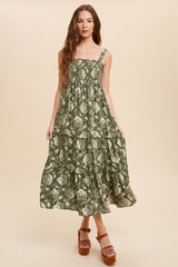 Olive Floral Square Neck Smocked Maternity Midi Dress