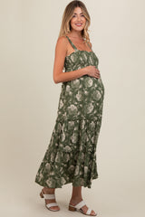 Olive Floral Square Neck Smocked Maternity Midi Dress