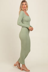 Light Olive Ribbed Long Sleeve Square Neck Maxi Dress