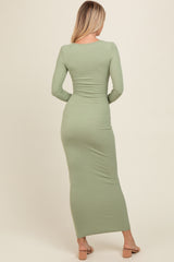 Light Olive Ribbed Long Sleeve Square Neck Maxi Dress