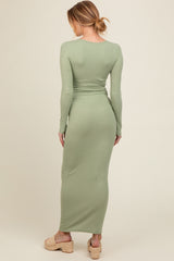 Light Olive Ribbed Long Sleeve Square Neck Maternity Maxi Dress