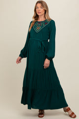 Dark Teal Embroidered Maternity Tiered Maxi Dress