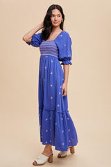 Royal Blue Gauze Smocked Embroidered Square Neck Midi Dress