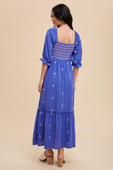 Royal Blue Gauze Smocked Embroidered Square Neck Midi Dress