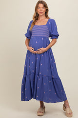 Royal Blue Gauze Smocked Embroidered Square Neck Maternity Midi Dress