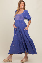 Royal Blue Gauze Smocked Embroidered Square Neck Maternity Midi Dress