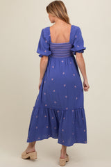 Royal Blue Gauze Smocked Embroidered Square Neck Maternity Midi Dress