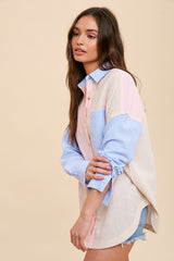 Blue Colorblock Gingham Button Down Top