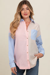 Blue Colorblock Gingham Maternity Button Down Top