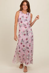 Lavender Rose Print Ruched Mesh Dress