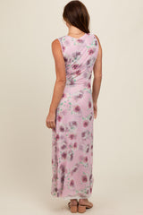 Lavender Rose Print Ruched Mesh Dress