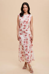 Cream Rose Print Ruched Mesh Dress