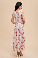 Cream Rose Print Ruched Mesh Dress