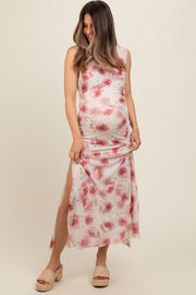 Cream Rose Print Ruched Mesh Maternity Dress