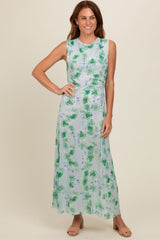 Light Blue Rose Print Ruched Mesh Dress