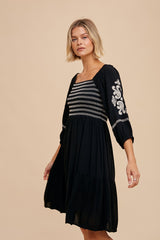 Black Smocked Embroidered Damask Dress