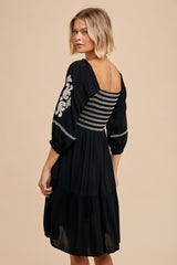 Black Smocked Embroidered Damask Dress