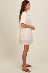 Cream Embroidered Puff Sleeve Dress