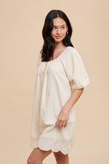 Cream Embroidered Puff Sleeve Dress