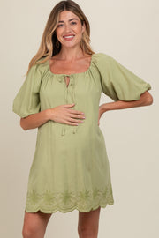 Light Olive Embroidered Puff Sleeve Maternity Dress