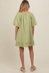 Light Olive Embroidered Puff Sleeve Maternity Dress