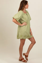 Light Olive Embroidered Puff Sleeve Dress