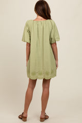 Light Olive Embroidered Puff Sleeve Dress