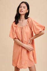 Peach Embroidered Puff Sleeve Dress