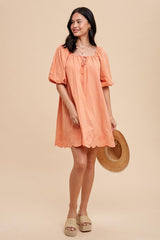 Peach Embroidered Puff Sleeve Dress