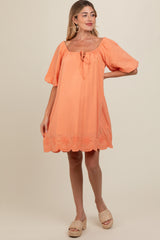 Peach Embroidered Puff Sleeve Maternity Dress