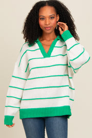 Green Striped Collared Dolman Sleeve Sweater