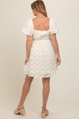 Ivory Floral Mesh Lace Puff Sleeve Maternity Dress