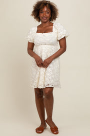 Ivory Floral Mesh Lace Puff Sleeve Dress