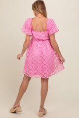 Pink Floral Mesh Lace Puff Sleeve Maternity Dress