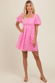 Pink Floral Mesh Lace Puff Sleeve Dress