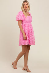 Pink Floral Mesh Lace Puff Sleeve Dress