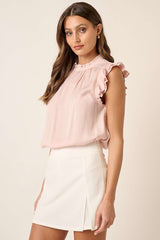 Pink Satin Ruffle Detail Short Sleeve Blouse