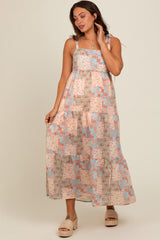 Peach Patchwork Print Shoulder Tie Tiered Maternity Midi Dress