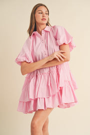 Cool Pink Bubble Sleeve Button Down Babydoll Dress