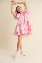 Cool Pink Bubble Sleeve Button Down Babydoll Dress