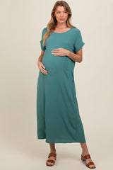 Teal Rolled Cuff Maternity Midi Dress