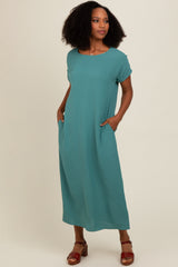 Teal Rolled Cuff Maternity Midi Dress