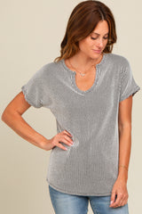 Black Ribbed Split Neckline Short Sleeve Top