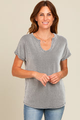 Black Ribbed Split Neckline Short Sleeve Top